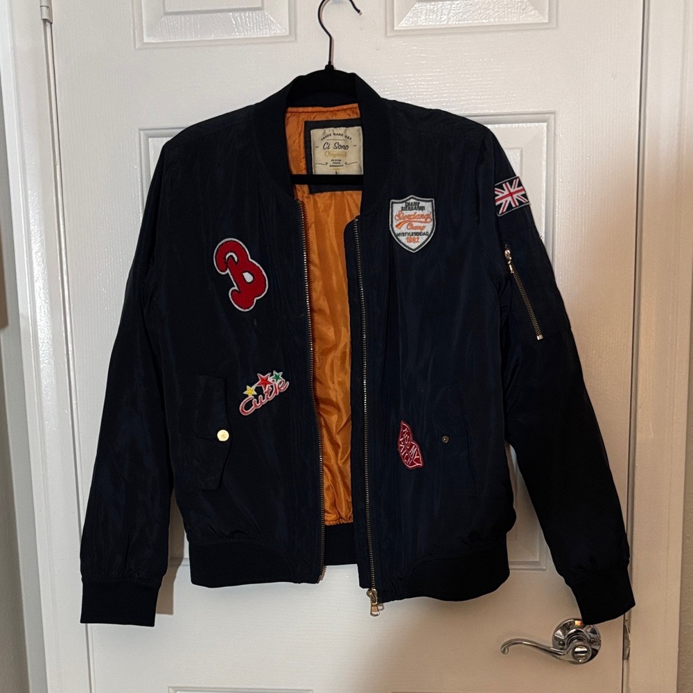 Navy Bomber Jacket with Patch Details - - image 1